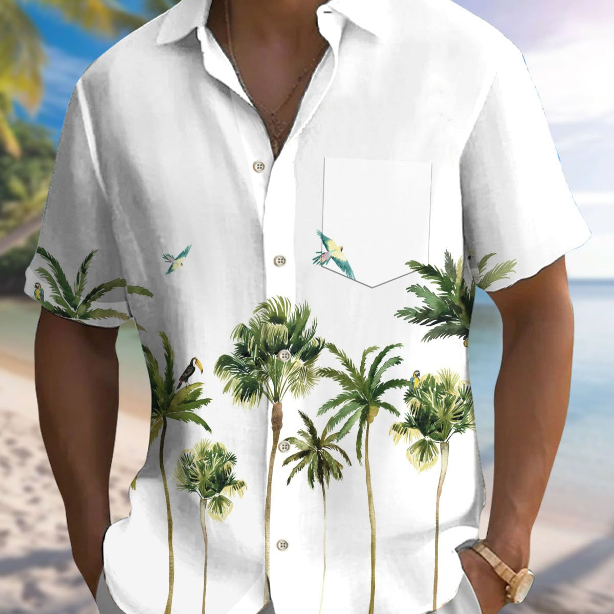 Alohadaddy® Hawaiian Palm Tree Print Art Pocket Button Men's Short Sleeve Shirt Big & Tall