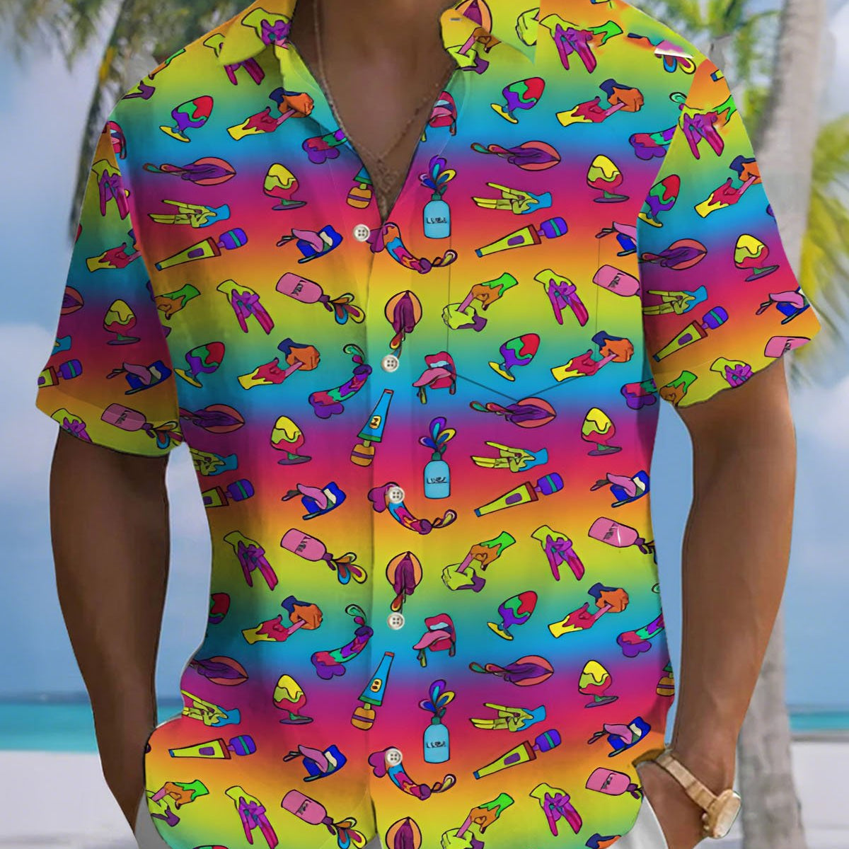 Alohadaddy® Casual Bottle Print Art Button Pocket Cardigan Men's Short Sleeve Shirt Big & Tall