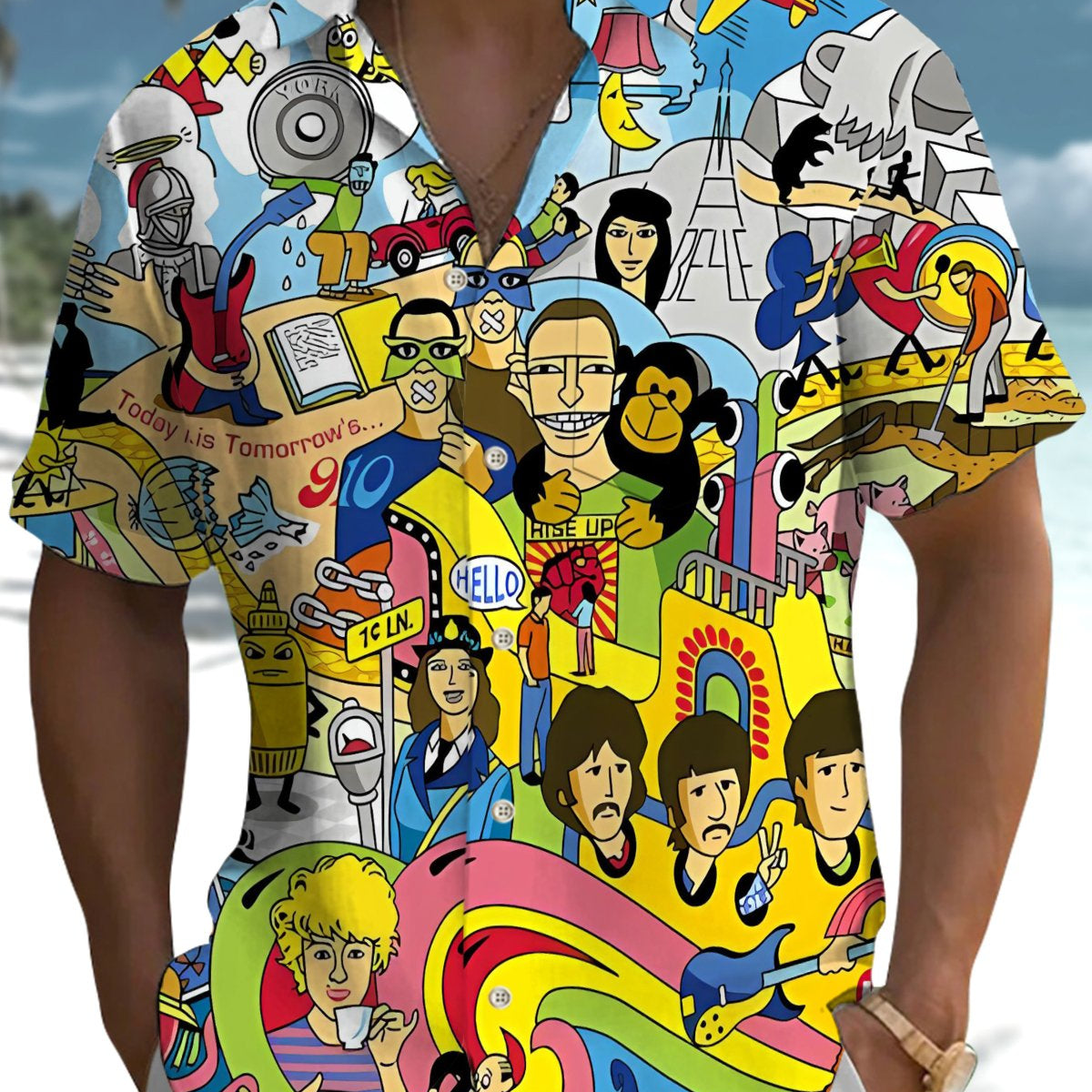 Alohadaddy® Casual Cartoon Beatles Print Pocket Stretch Men's Short Sleeve Shirt Big & Tall