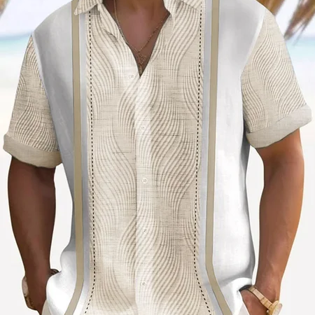 Alohadaddy Men's Vintage Geometric Textured 3D Bowling Print Button Pocket Short Sleeve Shirt