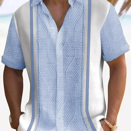 Alohadaddy Men's Vintage Geometric Textured 3D Bowling Print Button Pocket Short Sleeve Shirt