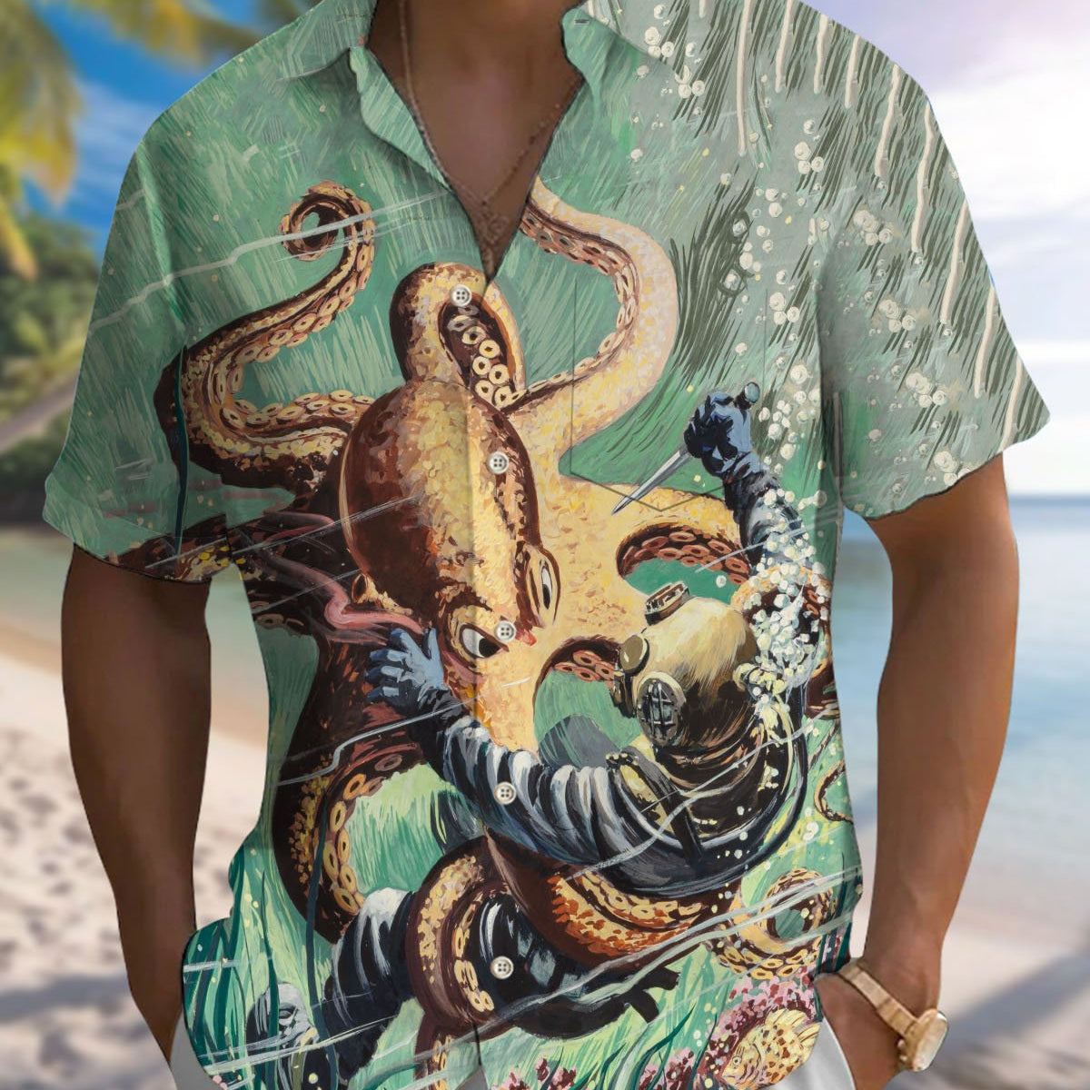 Alohadaddy® Retro Poster Octopus Print Art Pocket Button Men's Short Sleeve Shirt Big & Tall
