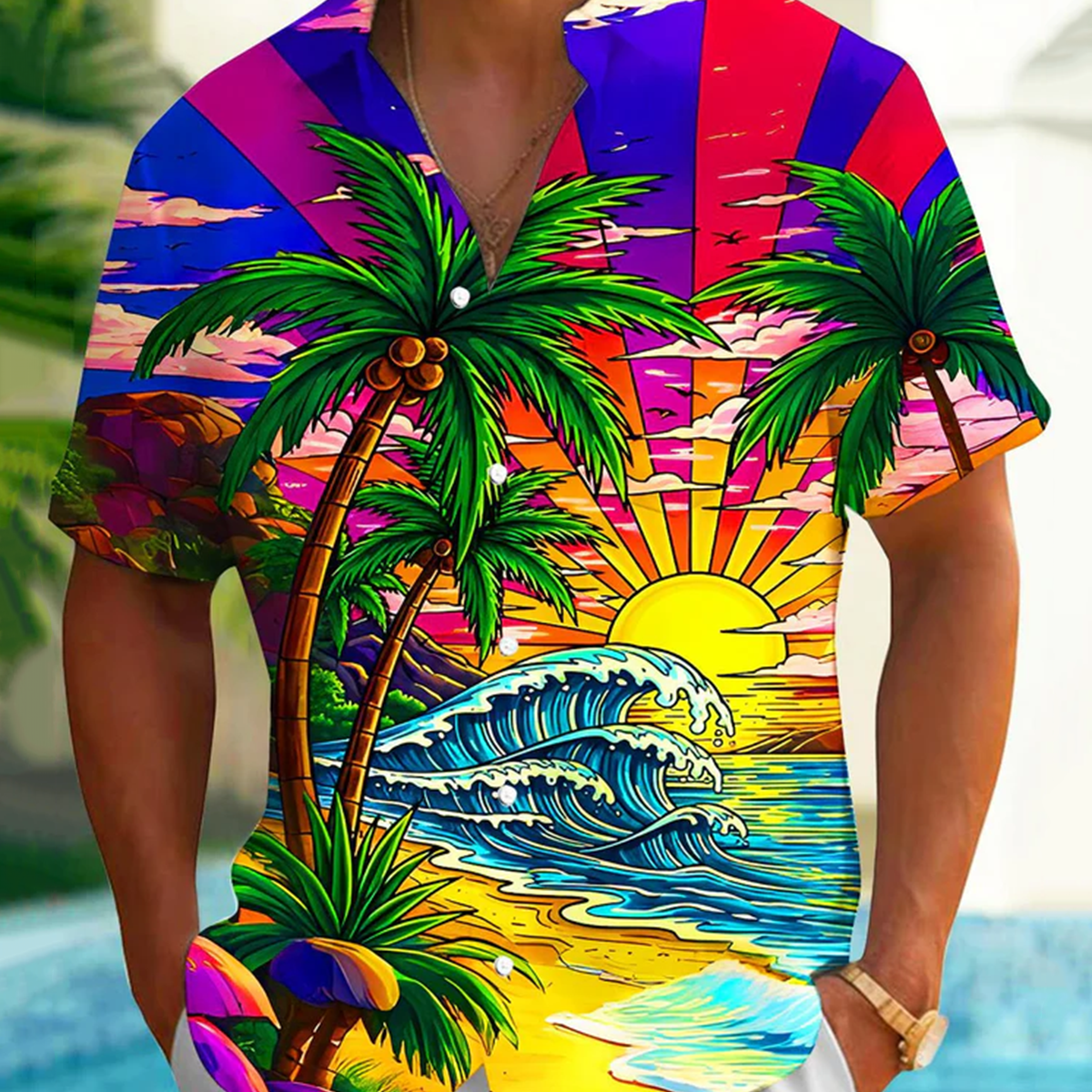 Alohadaddy® Hawaiian Beach Vacation Print Art Pocket Button Stretch Men's Short Sleeve Shirt Big & Tall