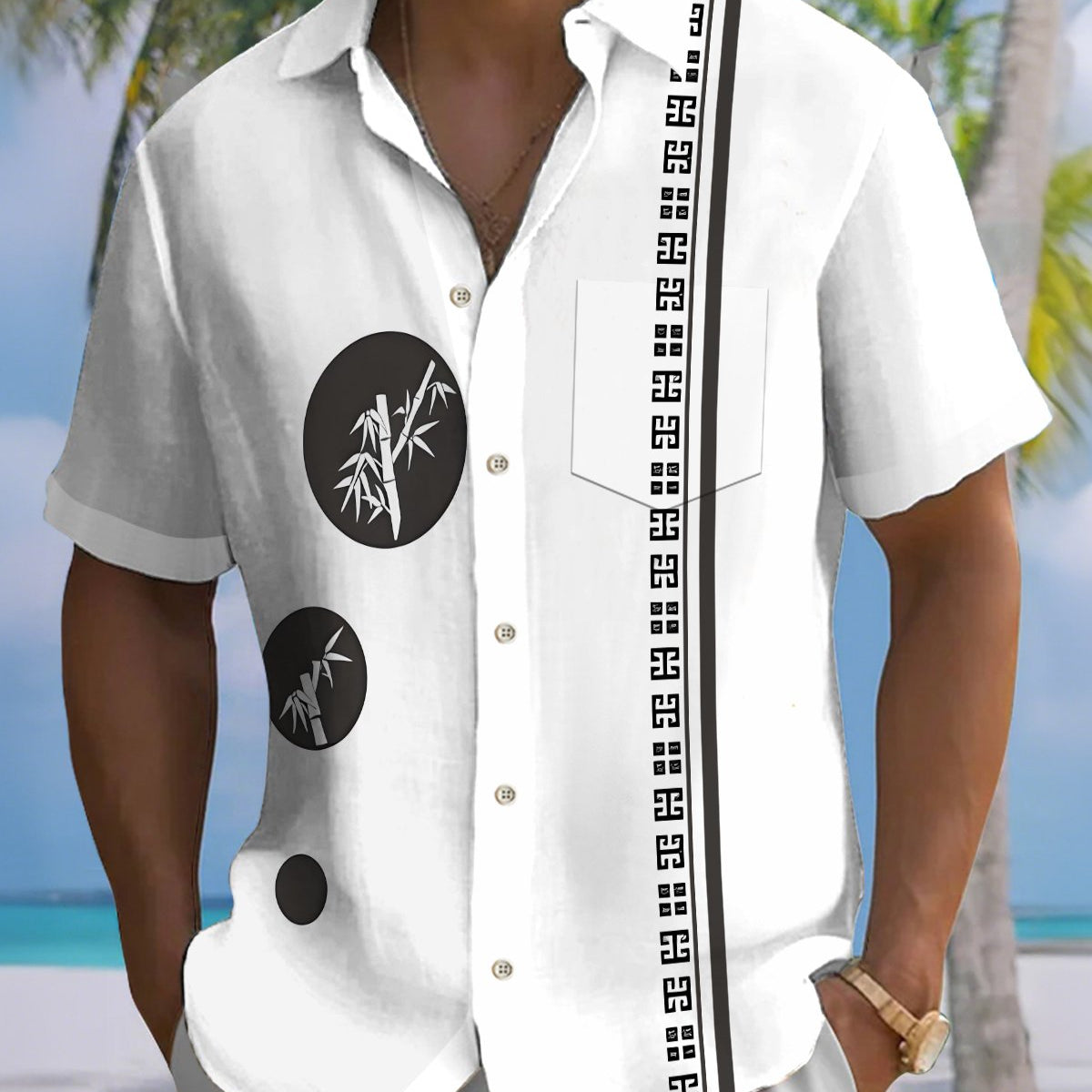 Alohadaddy® Retro Striped Bamboo Print Art Pockets with Elastic Buttons Men's Short Sleeve Shirt Big & Tall