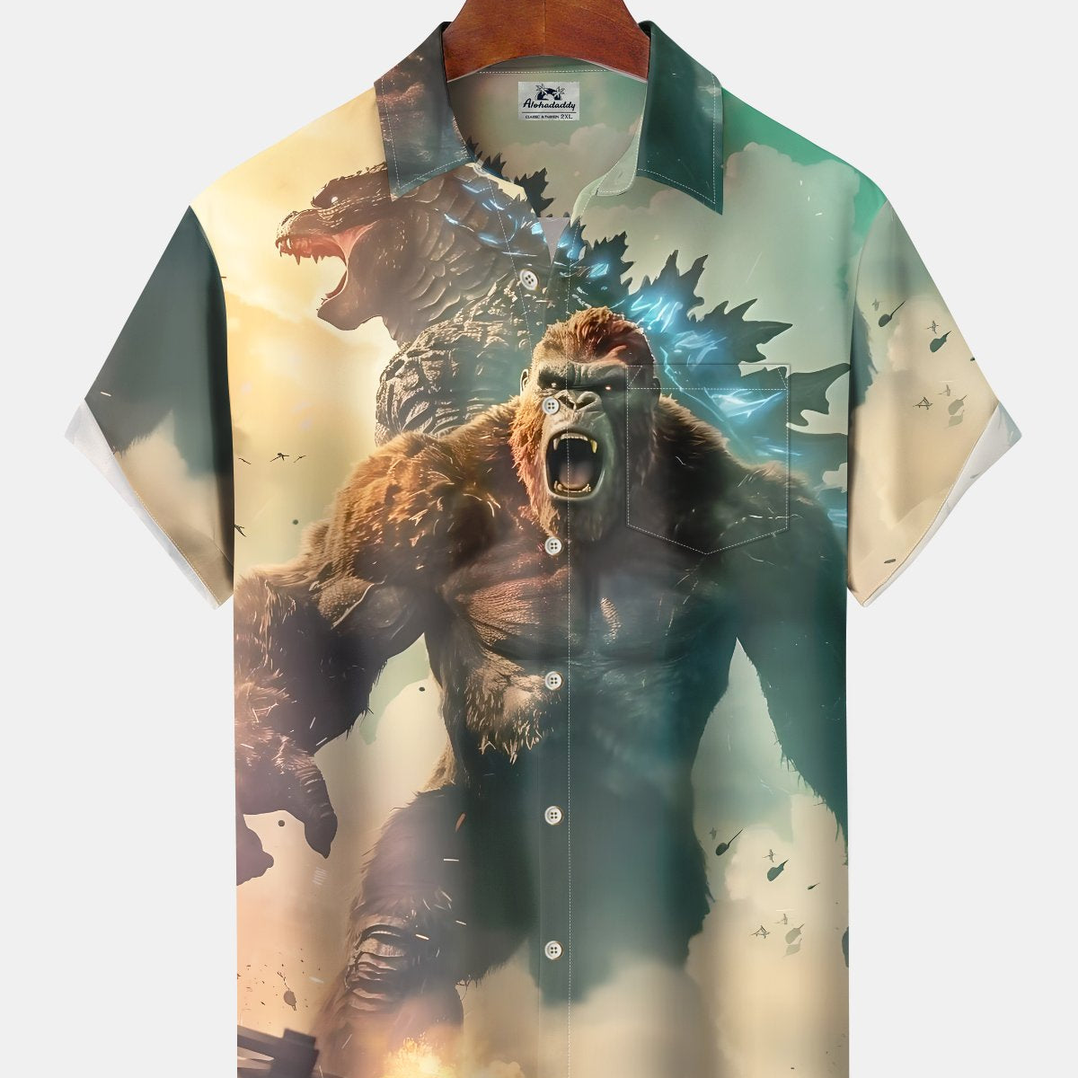 Alohadaddy Casual Everyday King Kong Godzilla Print Art Stretch Large Size Button Cardigan Polyester Short Sleeve Shirt