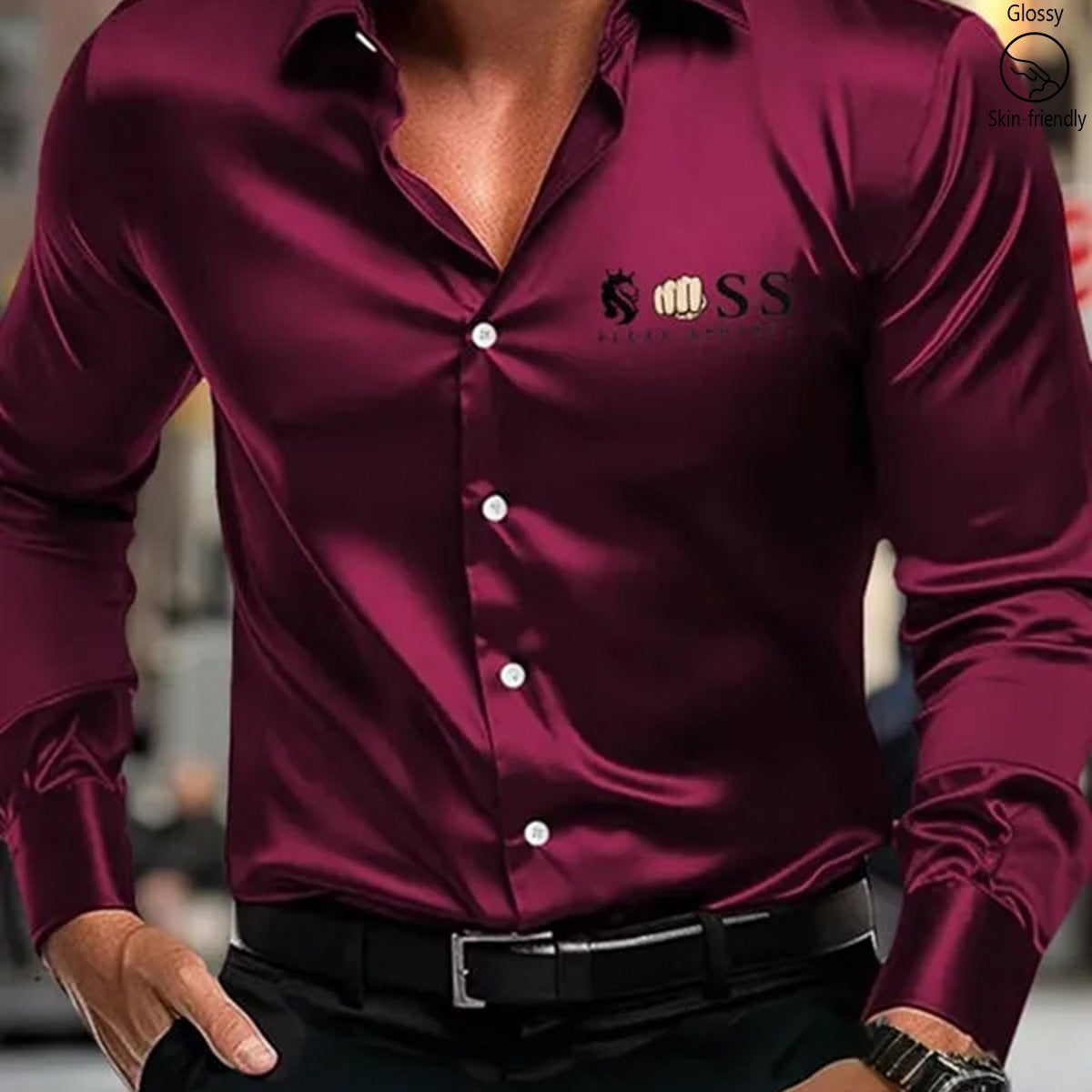 Alohadaddy® Casual Letter Logo Print Glossy Elastic Button Men's Long Sleeve Shirt Big & Tall