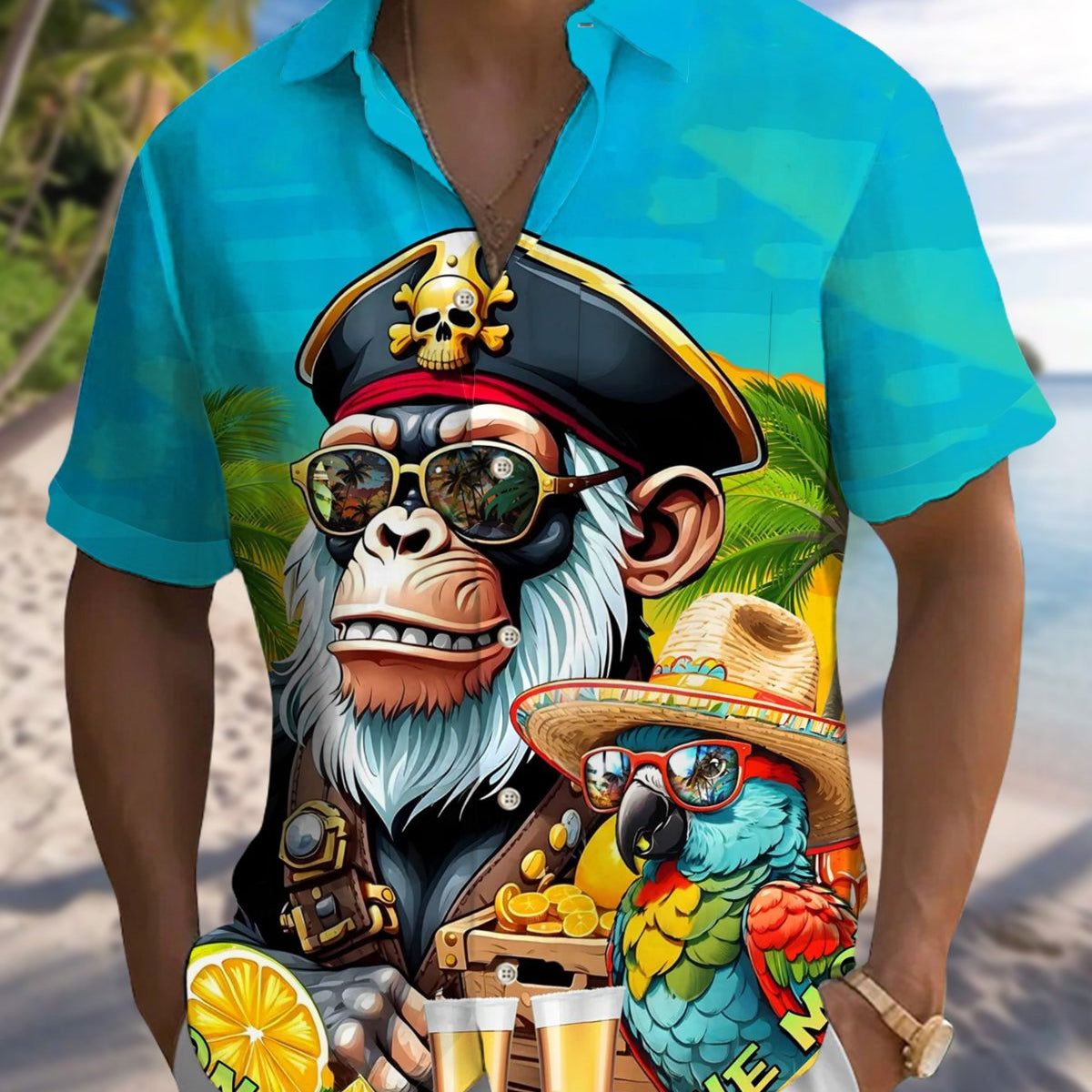 Alohadaddy® Hawaiian Orangutan Parrot Vacation Print Pocket Stretch Men's Short Sleeve Shirt Big & Tall