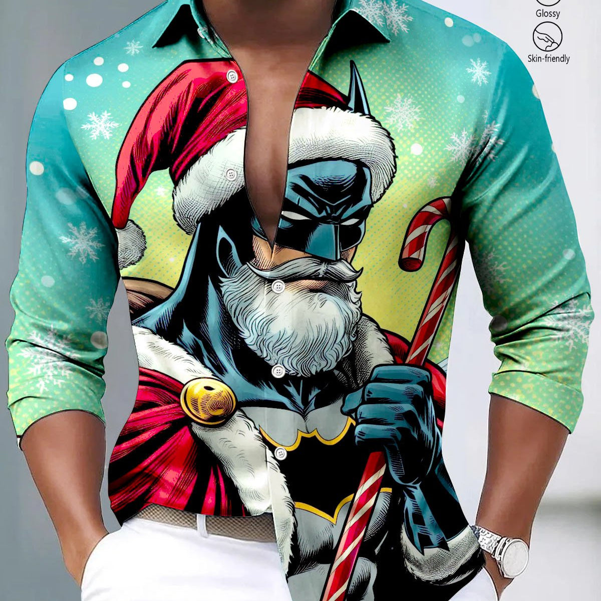 Alohadaddy® Satin Finish Christmas Batman Print Art Stretch Button Men's Long Sleeve Shirt Big & Tall