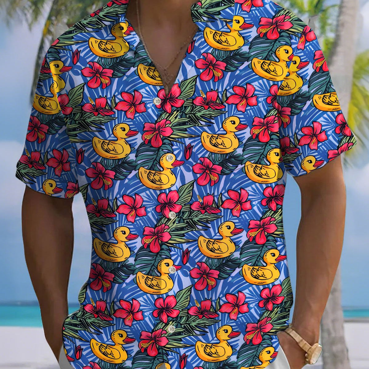 Alohadaddy® Casual Floral Duck Print Art, Button Pocket Cardigan Men's Short Sleeve Shirt Big & Tall