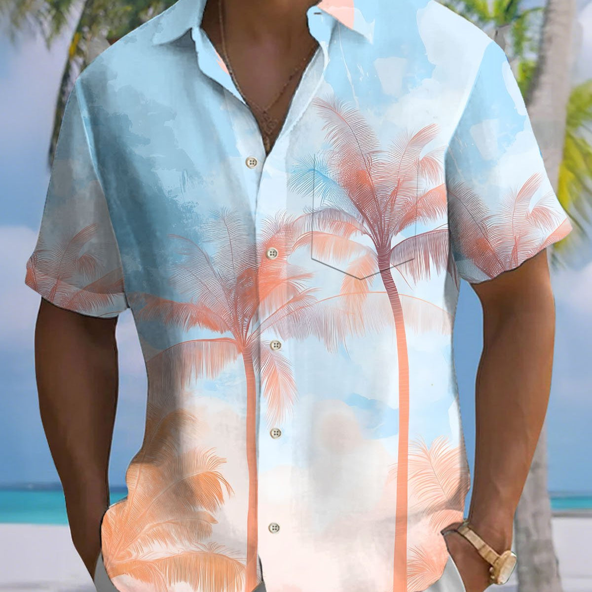 Alohadaddy® Casual Hawaiian Palm Tree Print Artistic Button Pocket Cardigan Men's Short Sleeve Shirt Big & Tall