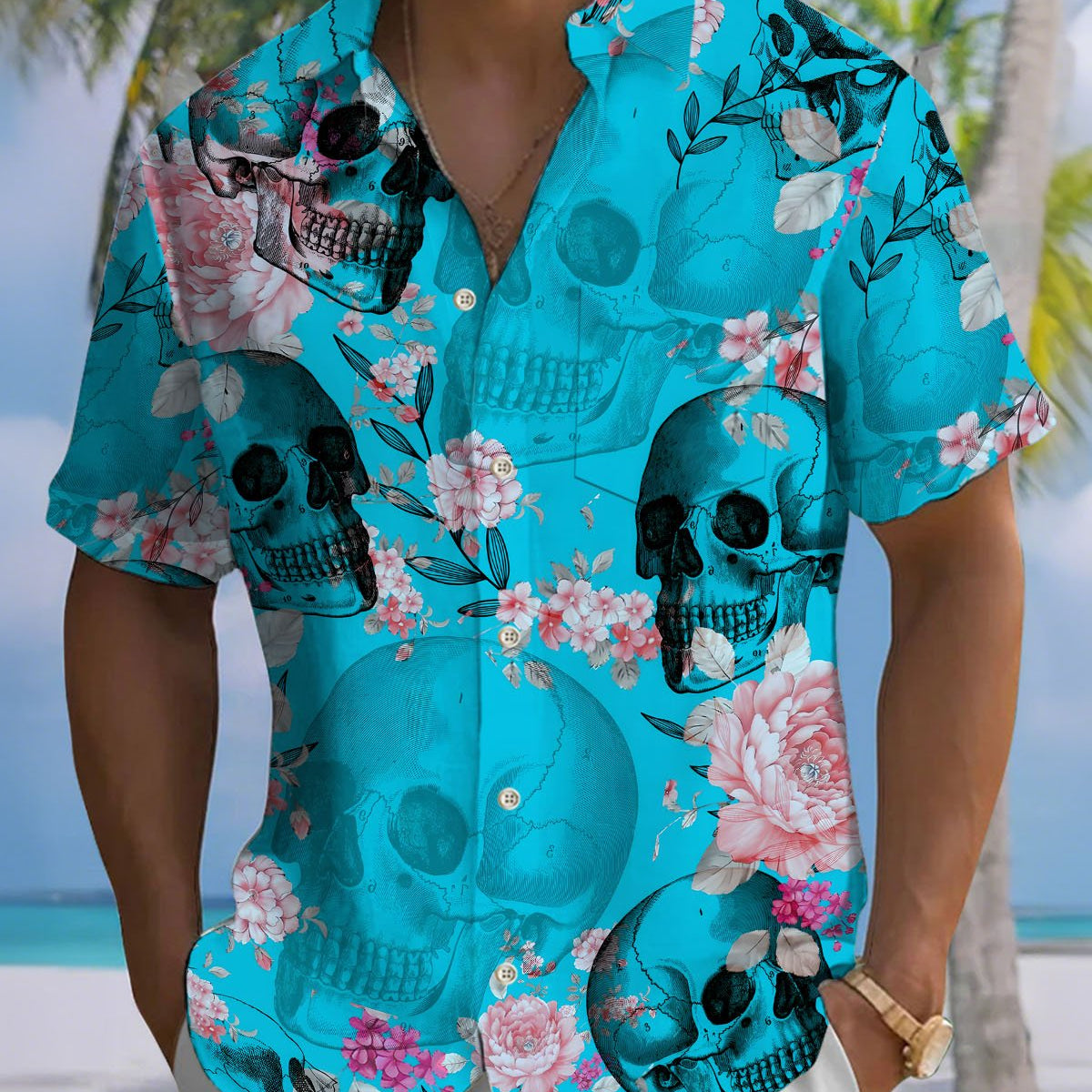 Alohadaddy® Hawaiian Skull Flower Print Art Button Pockets Cardigan Men's Short Sleeve Shirt Big & Tall