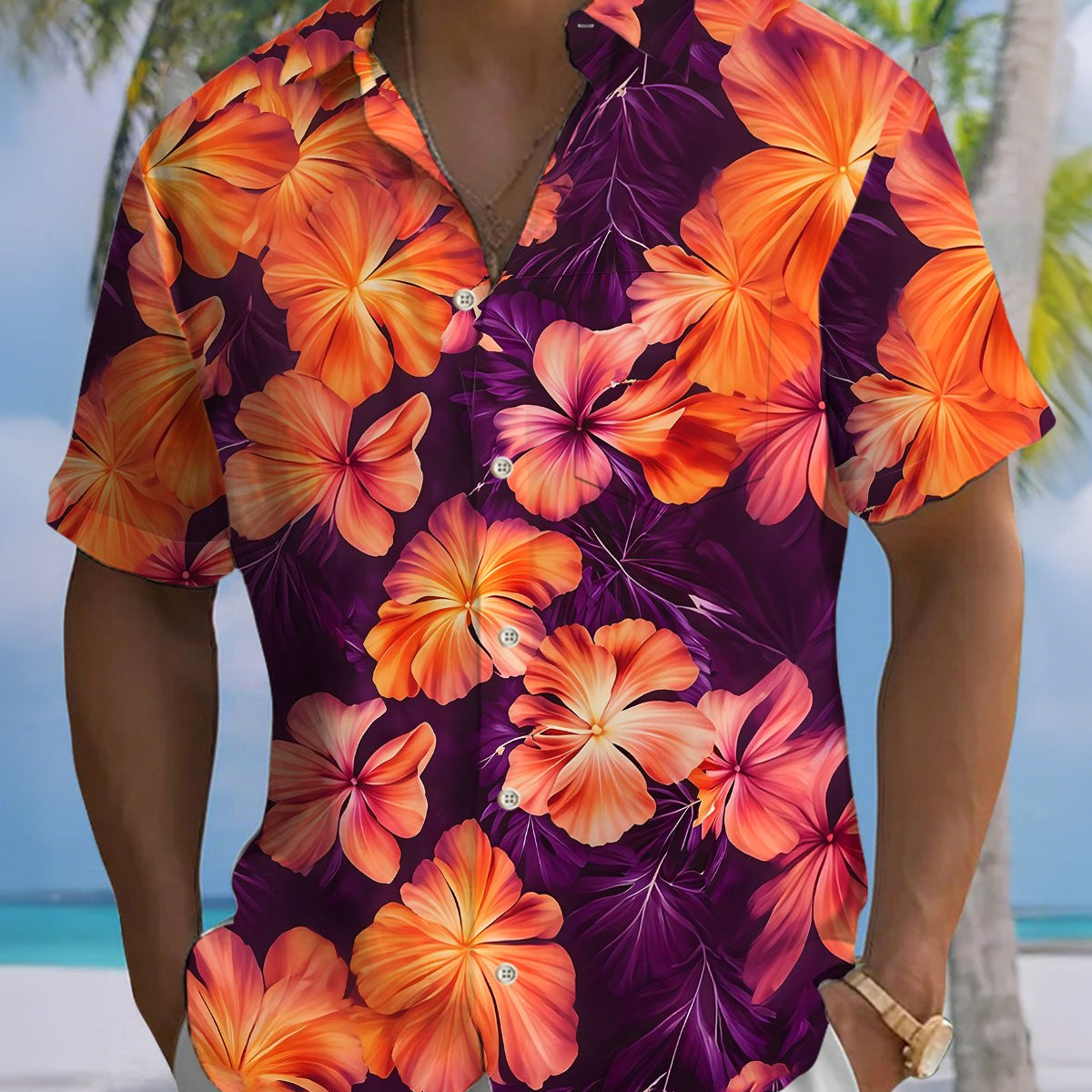 Alohadaddy® Hawaiian Hibiscus Print Art Button Pocket Cardigan Men's Short Sleeve Shirt Big & Tall