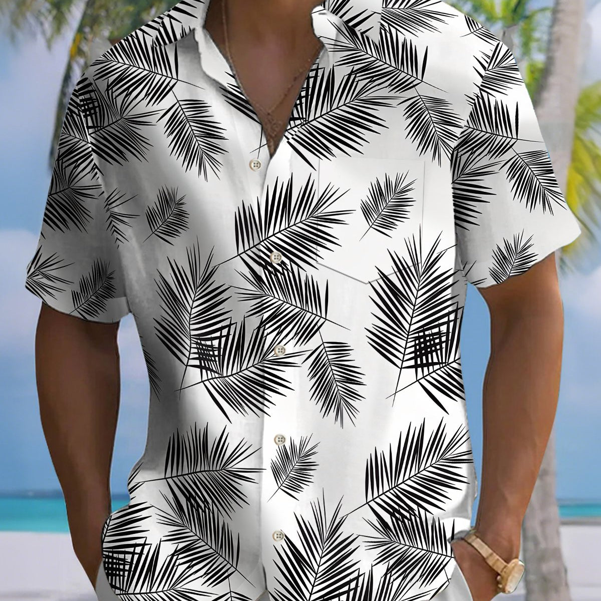 Alohadaddy® Hawaiian Palm Leaf Print Art Button Pocket Men's Short-Sleeve Shirt