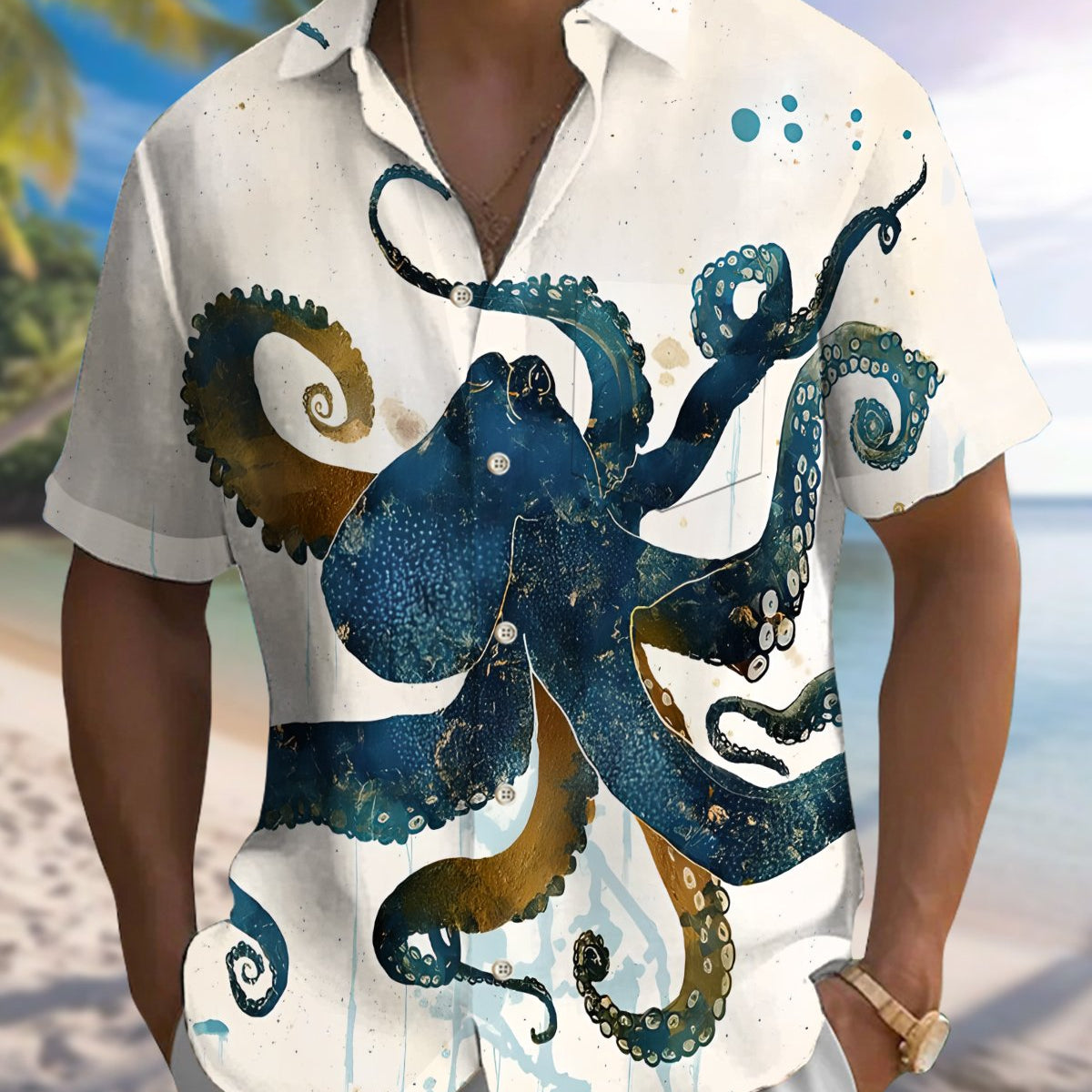 Alohadaddy® Hawaiian Octopus Print Art Button Pocket Cardigan Men's Short Sleeve Shirt