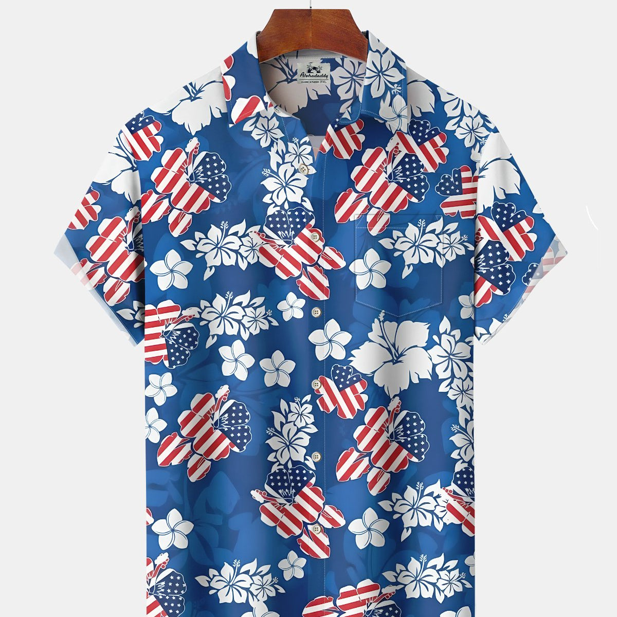 Alohadaddy® Men's Short-Sleeve Button-Down Shirt with Hawaiian Flag and Floral Print and Pocket