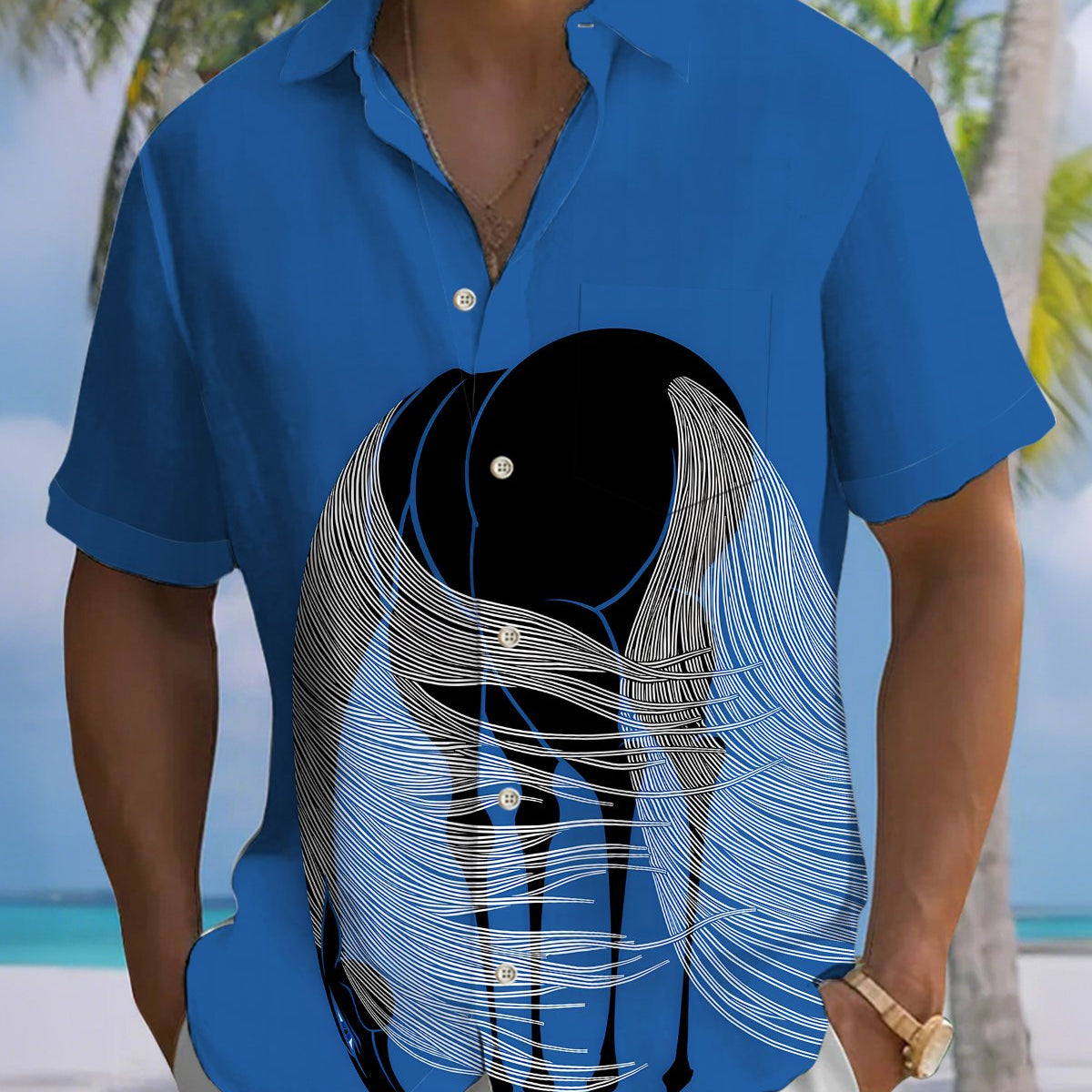 Alohadaddy® Men's Short-Sleeve Casual Button-Down Shirt with Abstract Horse Print and Pocket