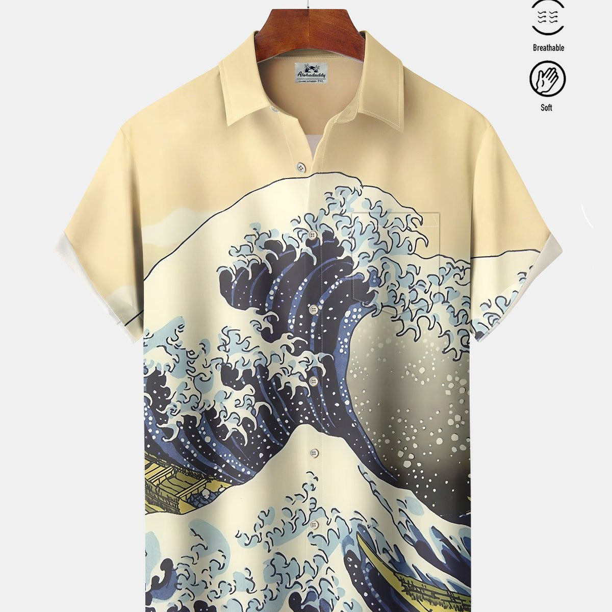 Alohadaddy® Men's Short-Sleeve Shirt Hawaiian Ocean Wave Print Button-Down with Pocket