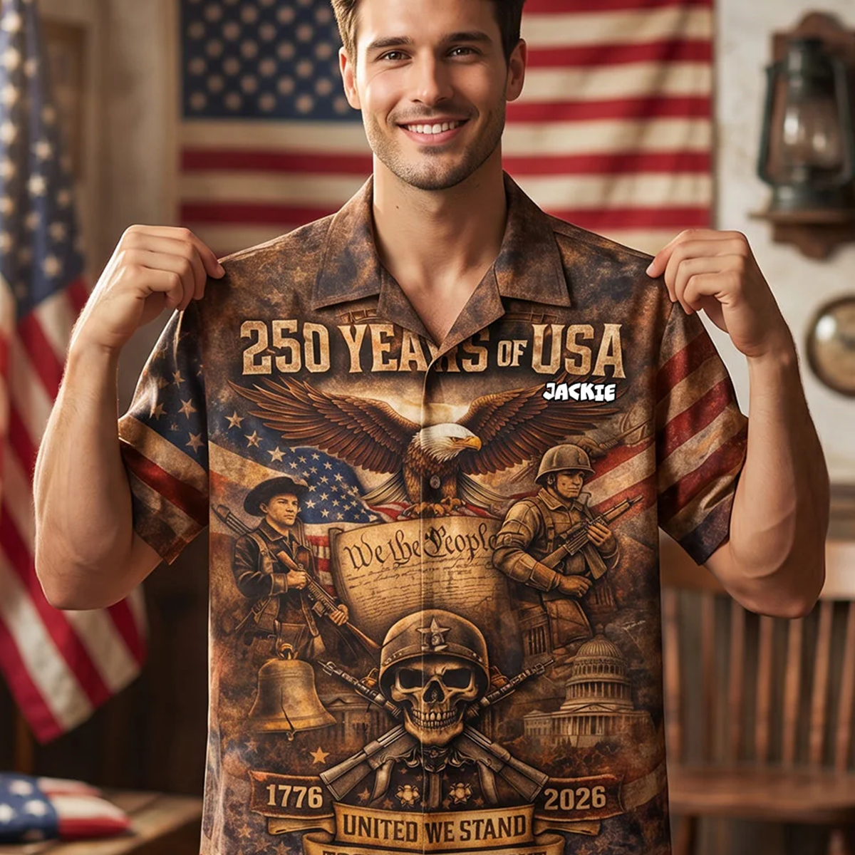 Alohadaddy® Men's Short-Sleeve Button-Down Shirt Vintage-Style USA 250th Anniversary Graphic Print with Chest Pocket