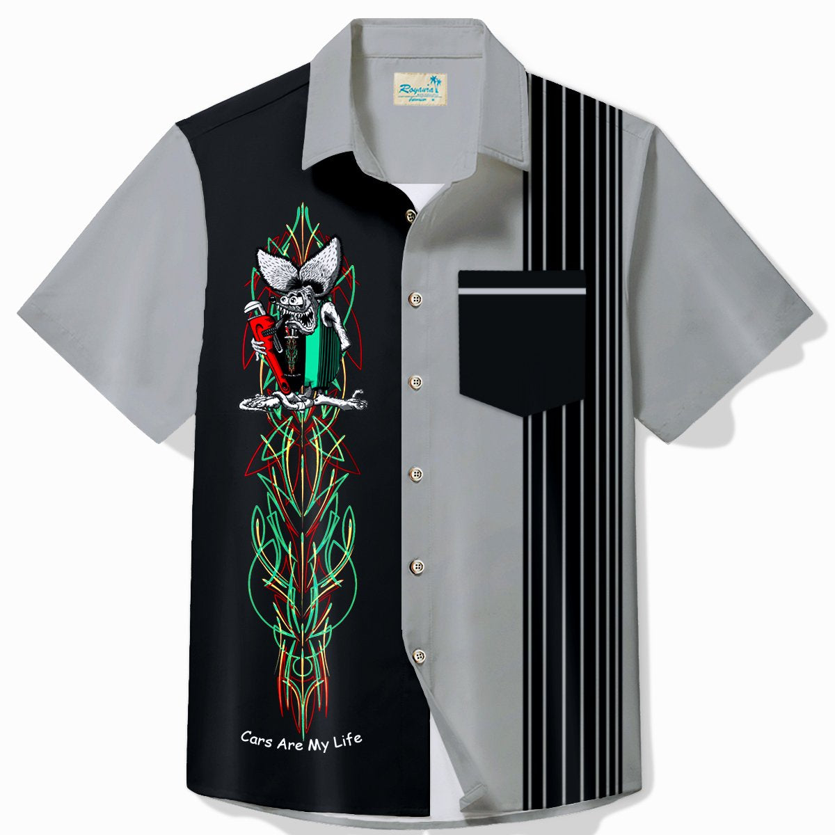 Alohadaddy Vintage Pinstripe Rat Fink Panel BowIing Printed Chest Pocket Shirt Large Size Men's Shirt