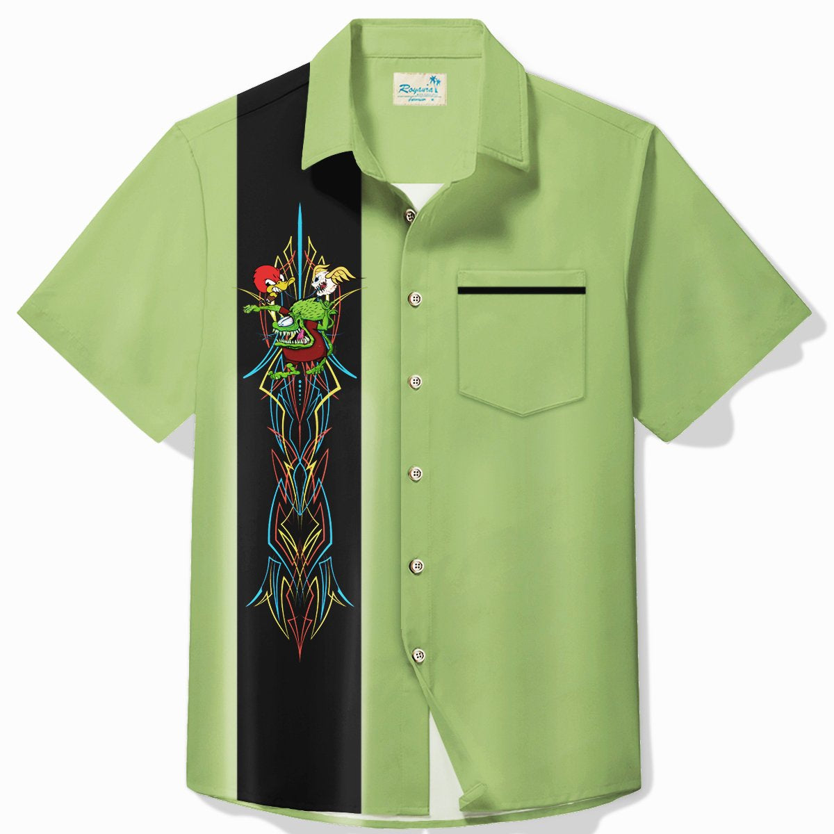 Alohadaddy Vintage Pinstripe Rat Fink flying eyeball Red Duck Panel BowLing Printed Chest Pocket Shirt Large Size Men's Shirt