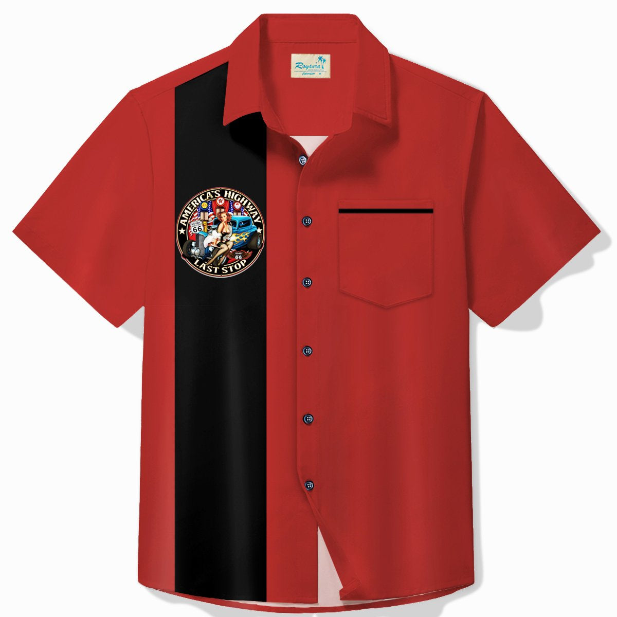 Alohadaddy Vintage Bowling America's Highway Route 66 Hot Rod Pinup Girl Printed Chest Pocket Shirt Large Size Men's Shirt