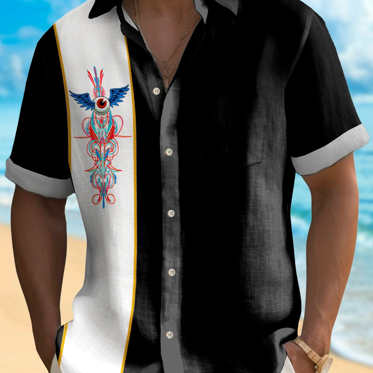 Alohadaddy Vintage Eyeball Pinstripe Panel BowLing Printed Chest Pocket Shirt Plus Size Men's Shirt