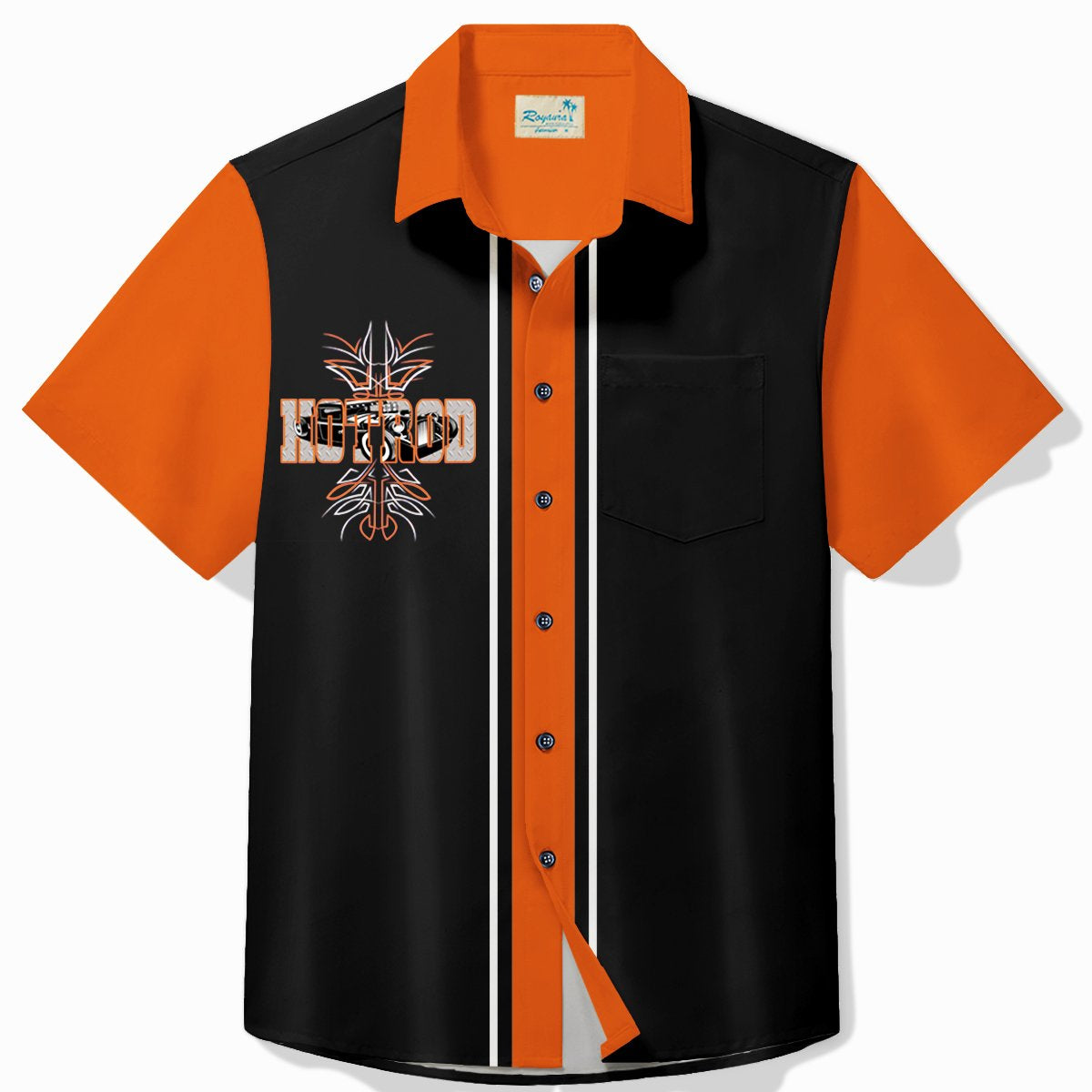Alohadaddy Vintage Pinstripe Hot Rod Panel BowLing Printed Chest Pocket Shirt Large Size Men's Shirt