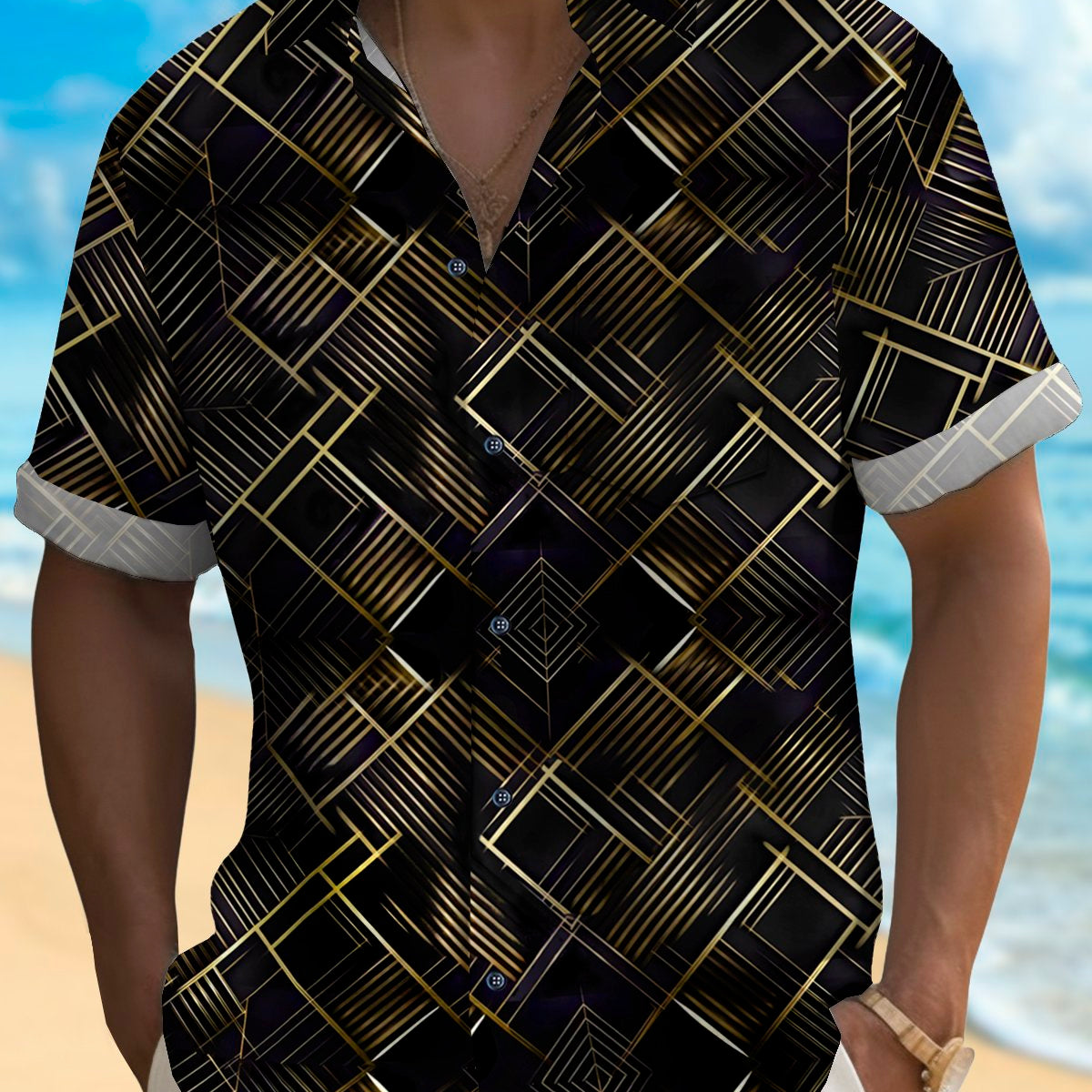 Alohadaddy Vintage Black Gold Geometric Line Art Print Chest Pocket Shirt Large Size Men's Shirt