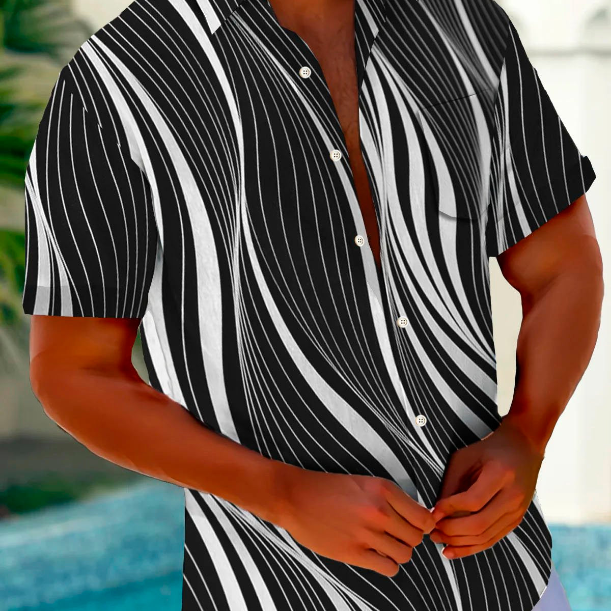 Alohadaddy Retro Creative Art Stripe Print Men's Button Pocket Short Sleeve Shirt