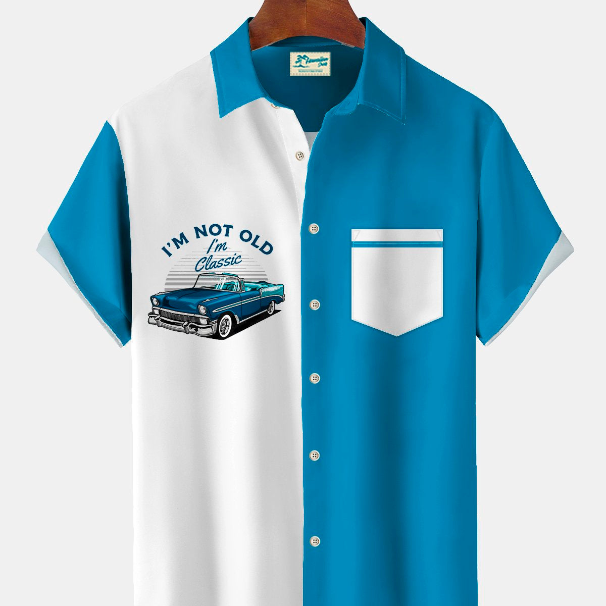 Alohadaddy Vintage Bowling Muscle Car Print Men's Chest Pocket Stretch Shirt Big Tall