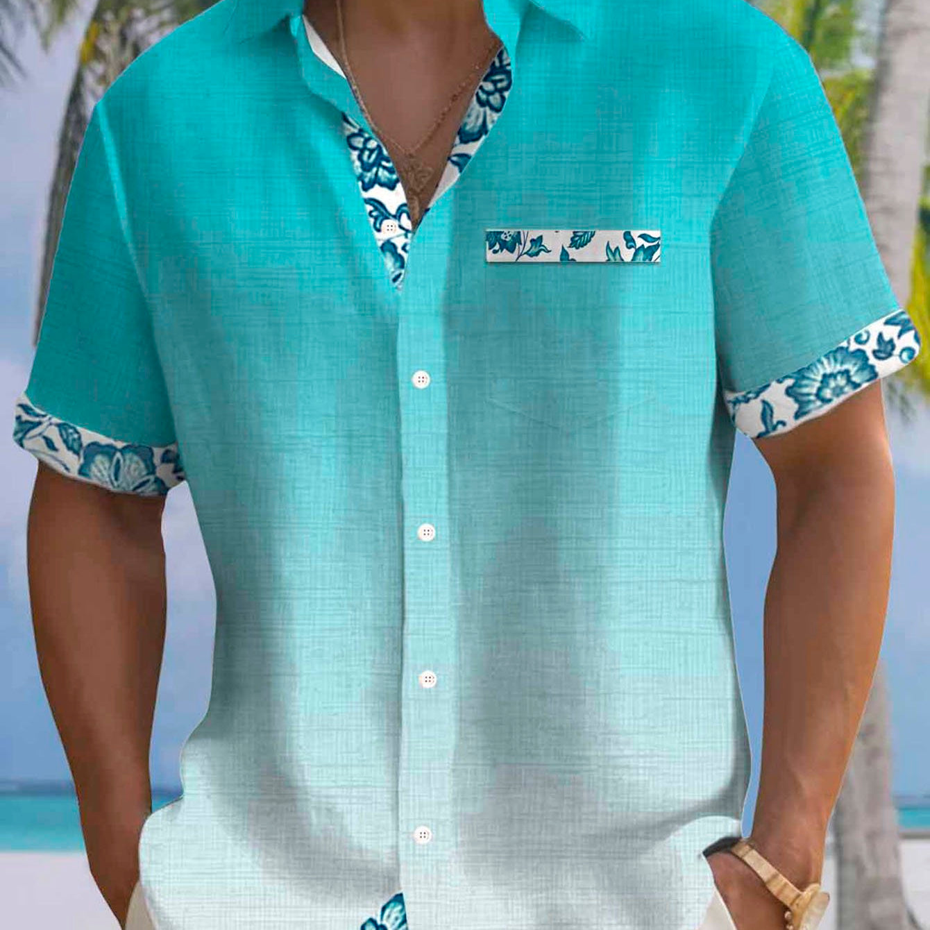 Alohadaddy® Hawaiian Gradient Floral Print Men's Short-Sleeved Button-Down Shirt Big & Tall