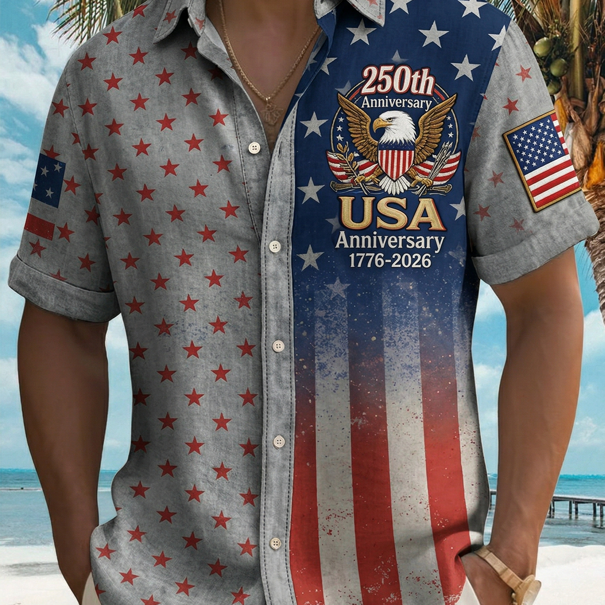 Alohadaddy® Men's Vintage 250th Anniversary Distressed Denim Eagle Shield Print Button Down Short-Sleeve Big & Tall