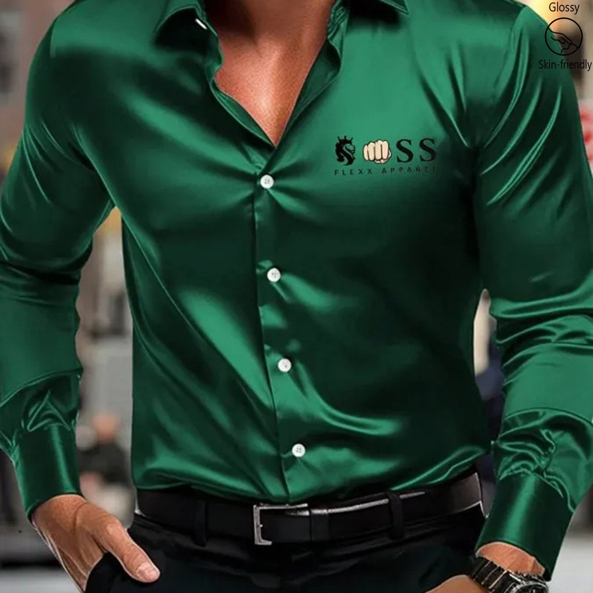 Alohadaddy® Casual Letter Logo Print Glossy Elastic Button Men's Long Sleeve Shirt Big & Tall