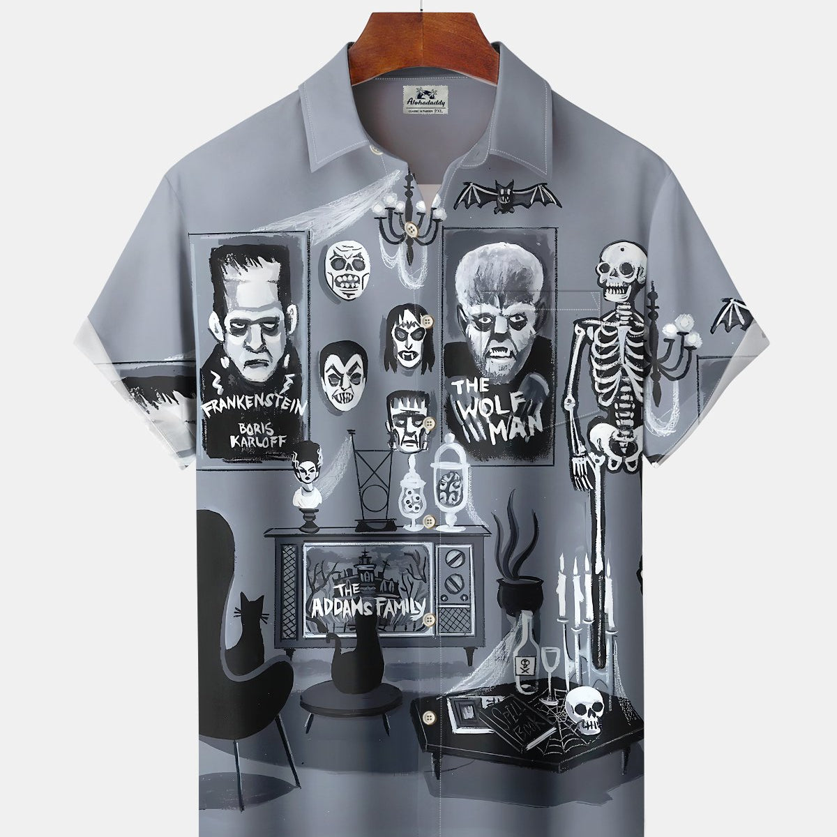 Alohadaddy® Vintage The Addams Family Cartoon Print Pocket Elastic Button Men's Short Sleeve Shirt Big & Tall
