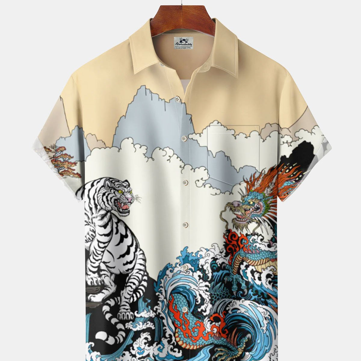 Alohadaddy® Vintage Ukiyo-e Dragon and Tiger Print Artistic Elastic Button Pocket Men's Short-Sleeve Shirt Big & Tall