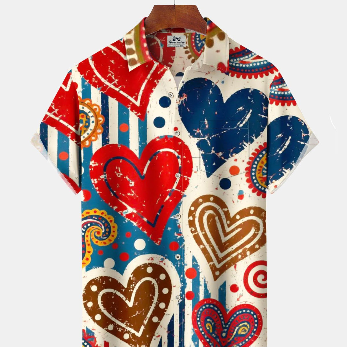 Alohadaddy® Valentine's Day Heart-Shaped Print Art with Elastic Buttons Men's Short-Sleeve Shirt Big & Tall