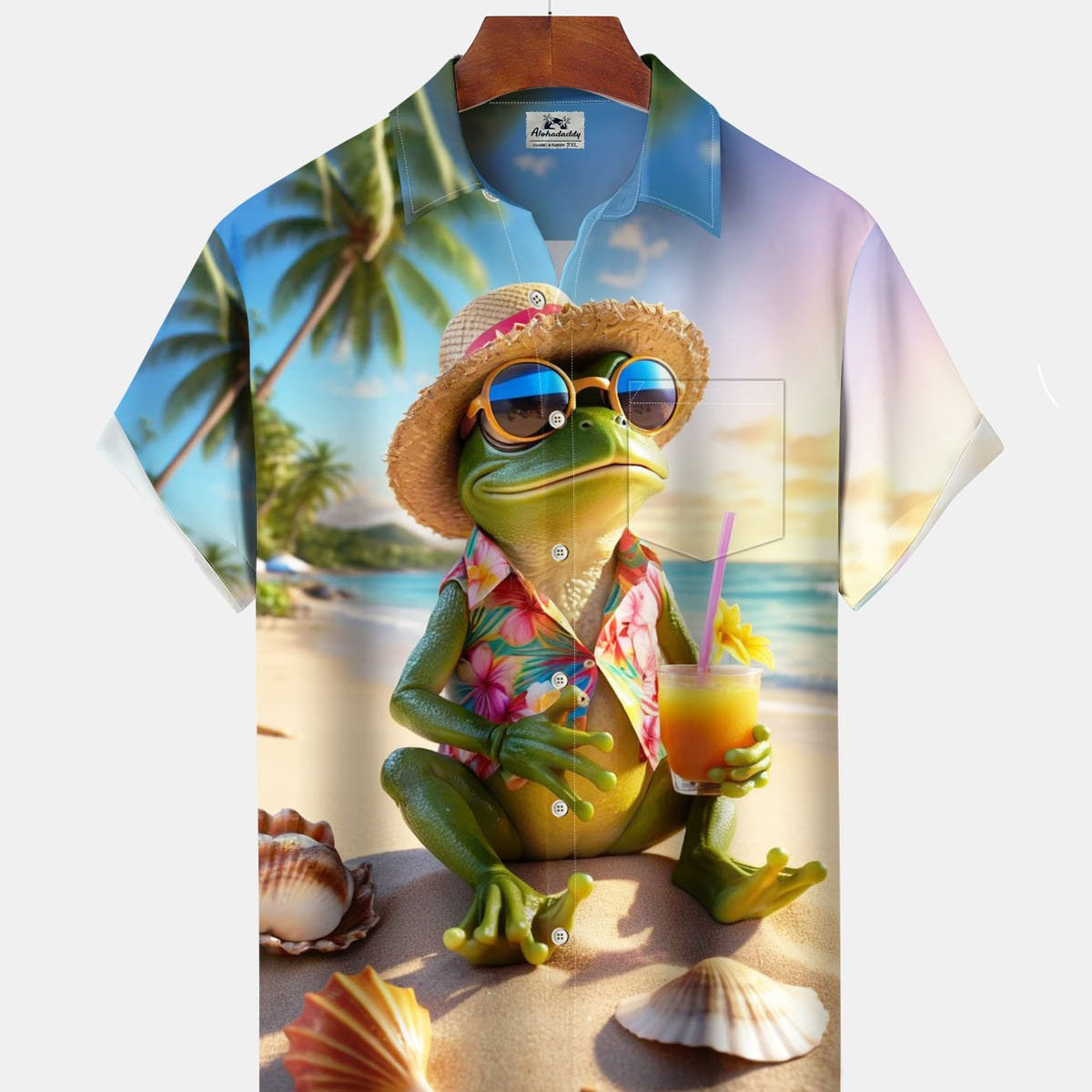 Alohadaddy® Hawaiian Vacation Frog Print Art Button Cardigan Pocket Men's Short Sleeve Shirt Big & Tall