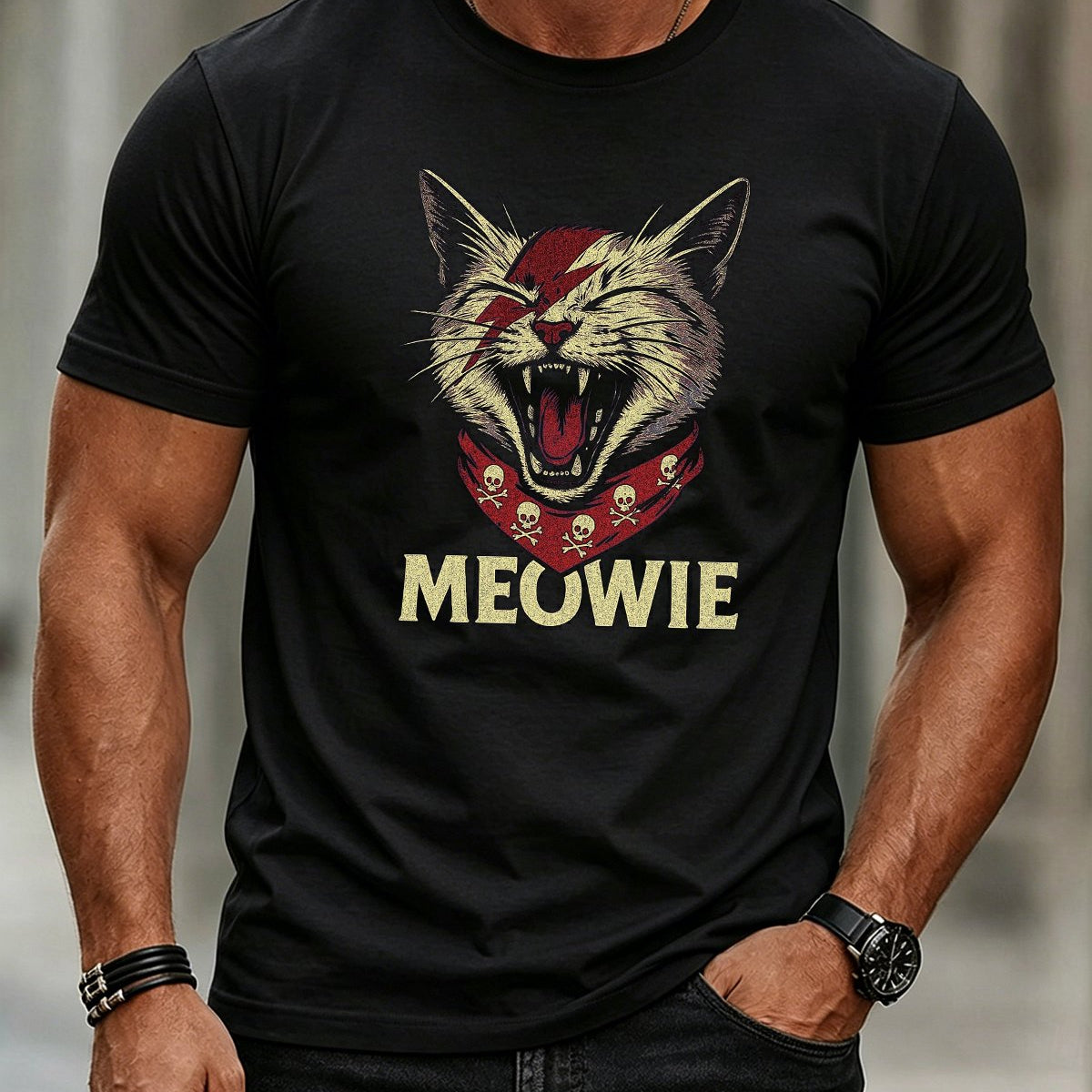 Alohadaddy® Casual Short-Sleeve Crew-Neck T-Shirt with Cat and Letter Print