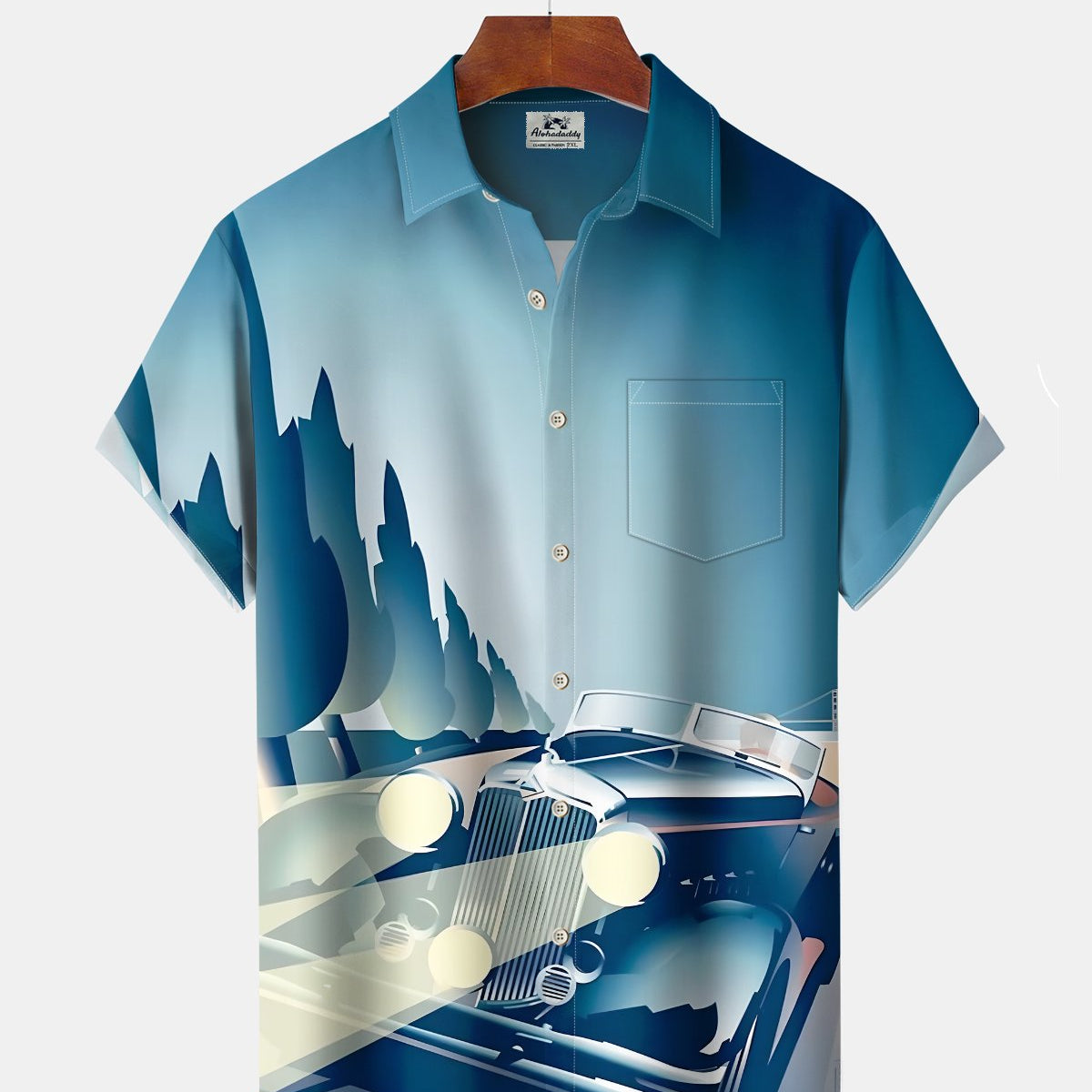 Alohadaddy® Men's Short-Sleeve Button-Down Cardigan Shirt with Vintage Car Print and Pocket