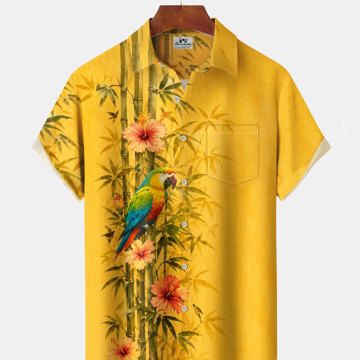 Alohadaddy® Men's Short-Sleeve Button-Down Shirt with Parrot Print Pocket and Cardigan-Style Front