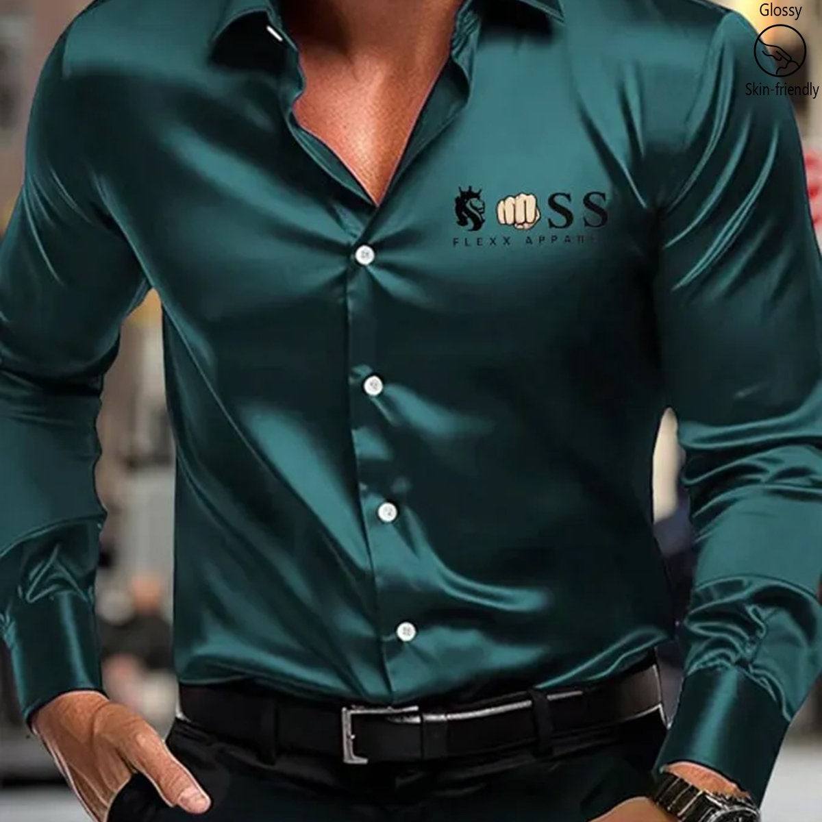 Alohadaddy® Casual Letter Logo Print Glossy Elastic Button Men's Long Sleeve Shirt Big & Tall