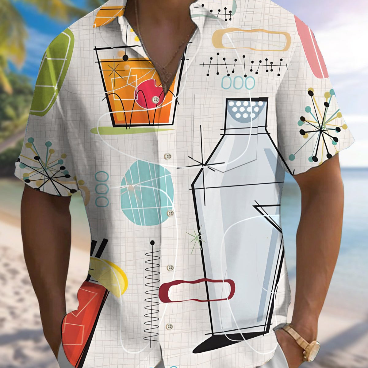 Alohadaddy® Casual Cocktail Set Geometric Print Art Button Pockets Cardigan Men's Short-Sleeve Shirt Big & Tall