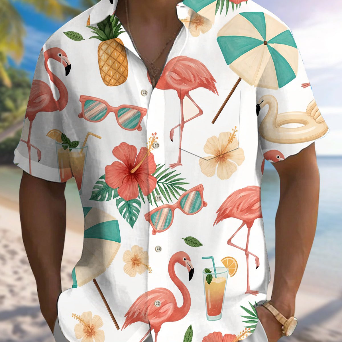 Alohadaddy® Hawaiian Flamingo Print Button-Down Shirt Men's Short-Sleeve Shirt with Pocket