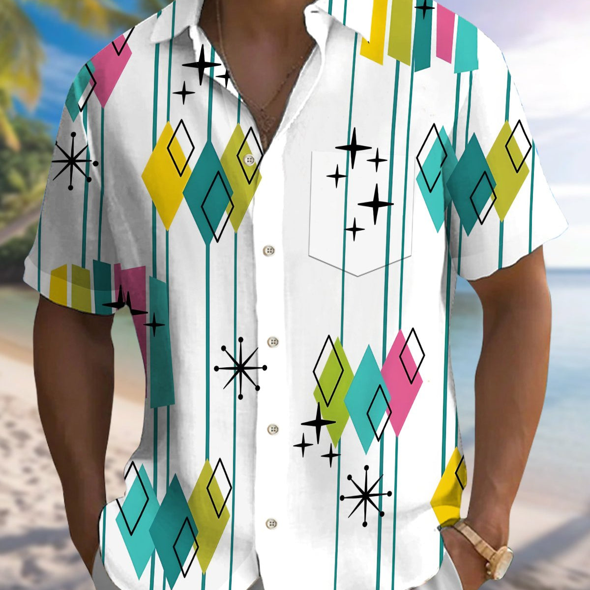 Alohadaddy® Casual Atomic Print Art Button Pocket Cardigan Men's Short Sleeve Shirt