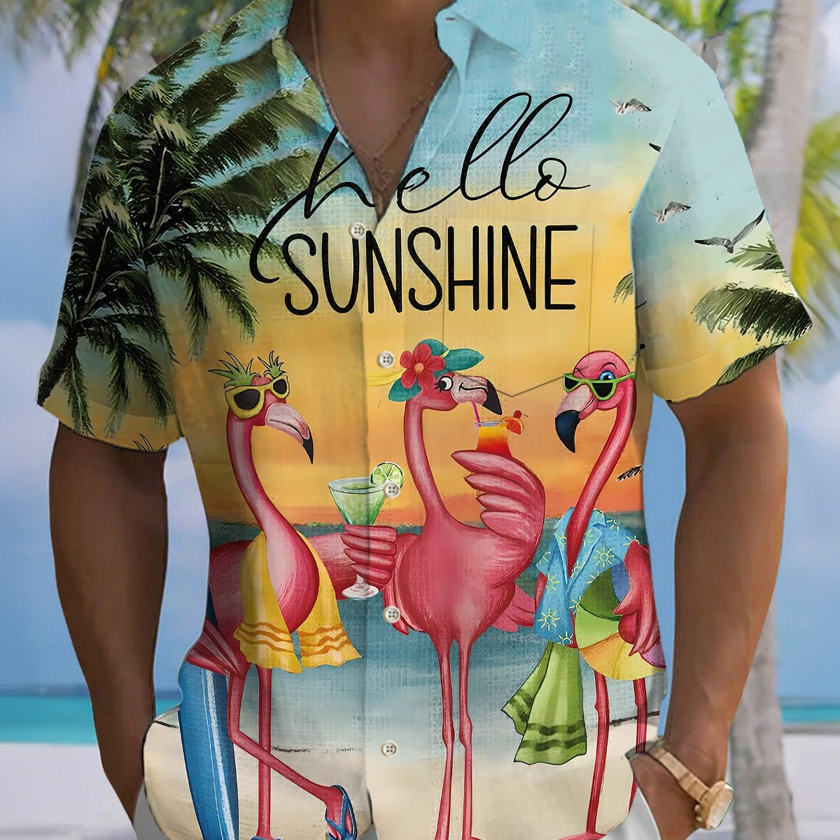 Alohadaddy® Hawaiian Flamingo Print Art Button Pocket Cardigan Men's Short Sleeve Shirt