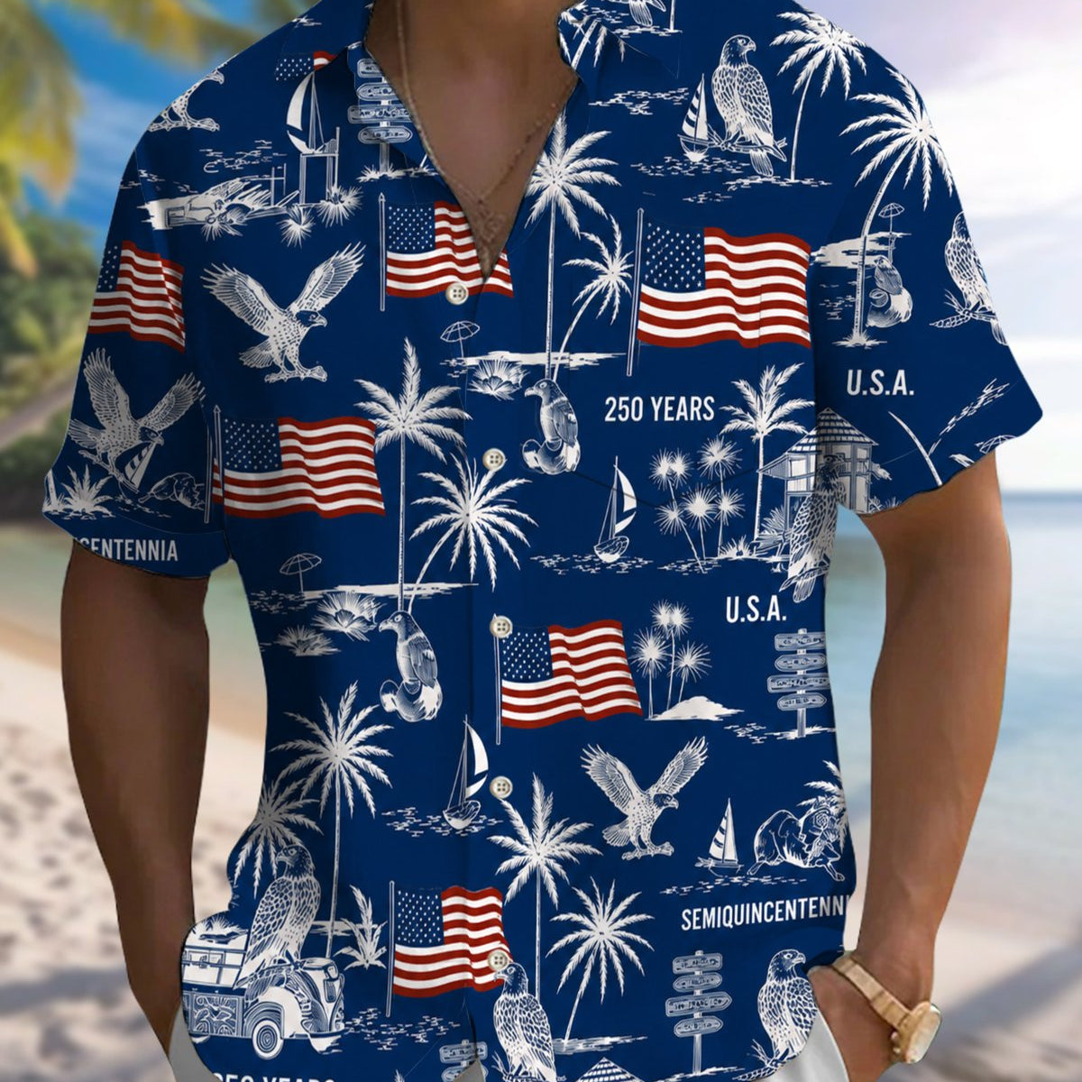 Alohadaddy® Holiday Independence Day Print Art Button Pocket Cardigan Men's Short Sleeve Shirt