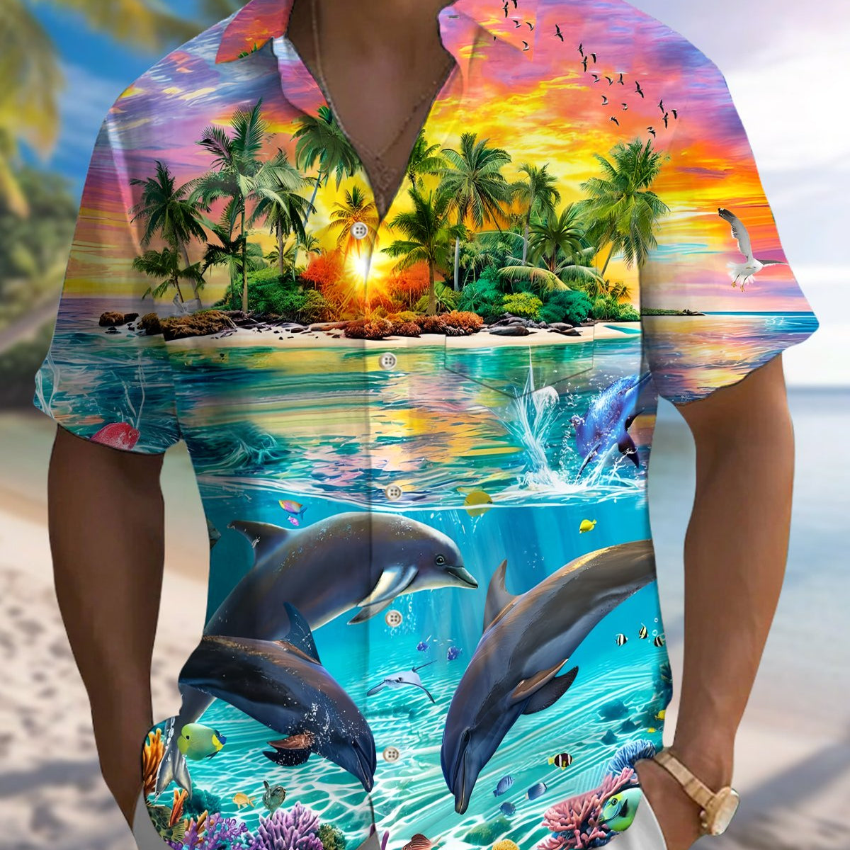 Alohadaddy® Hawaiian Dolphin Print Art Button Pocket Cardigan Men's Short Sleeve Shirt