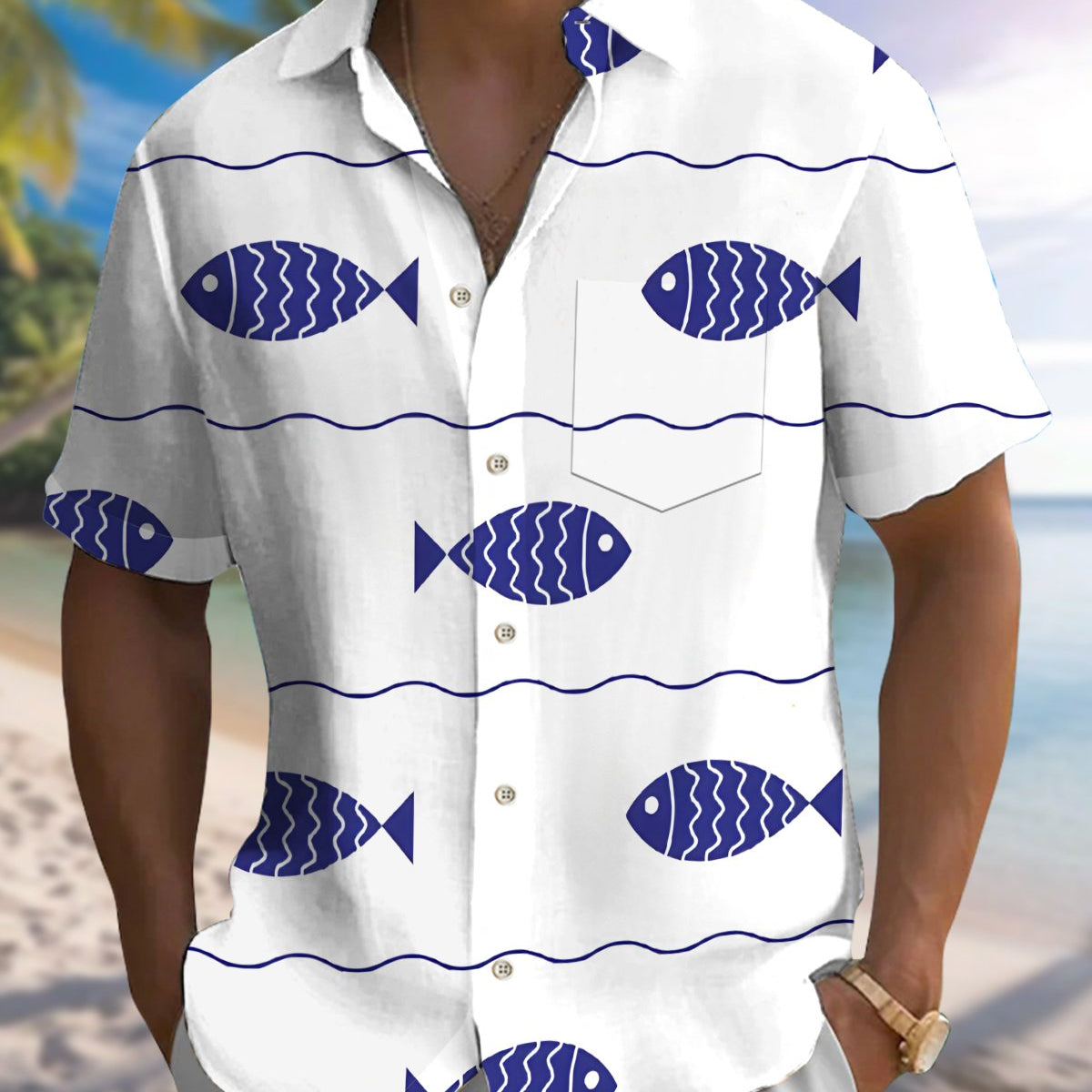 Alohadaddy® Men's Short-Sleeve Casual Button-Down Shirt with Fish Print, Pocket, and Cardigan-Style Front