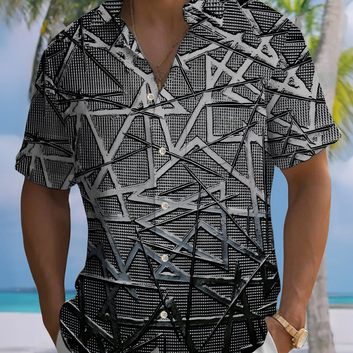 Alohadaddy® Men's Short-Sleeve Button-Down Shirt – Retro Geometric Art Print with Pocket