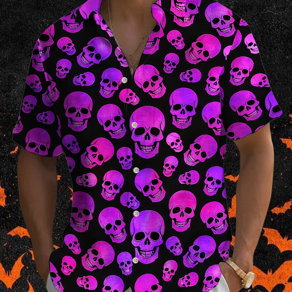 Alohadaddy® Holiday Halloween Graphic Print Button-Down Pocket Cardigan-Style Men's Short-Sleeve Shirt